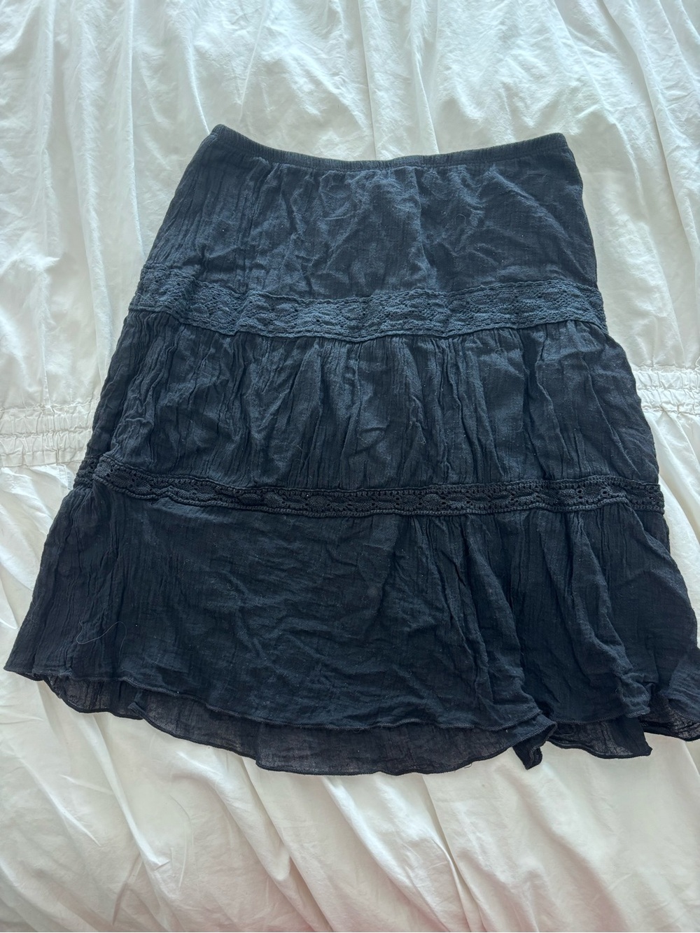 Black Tiered Midi Skirt with Lace Detail